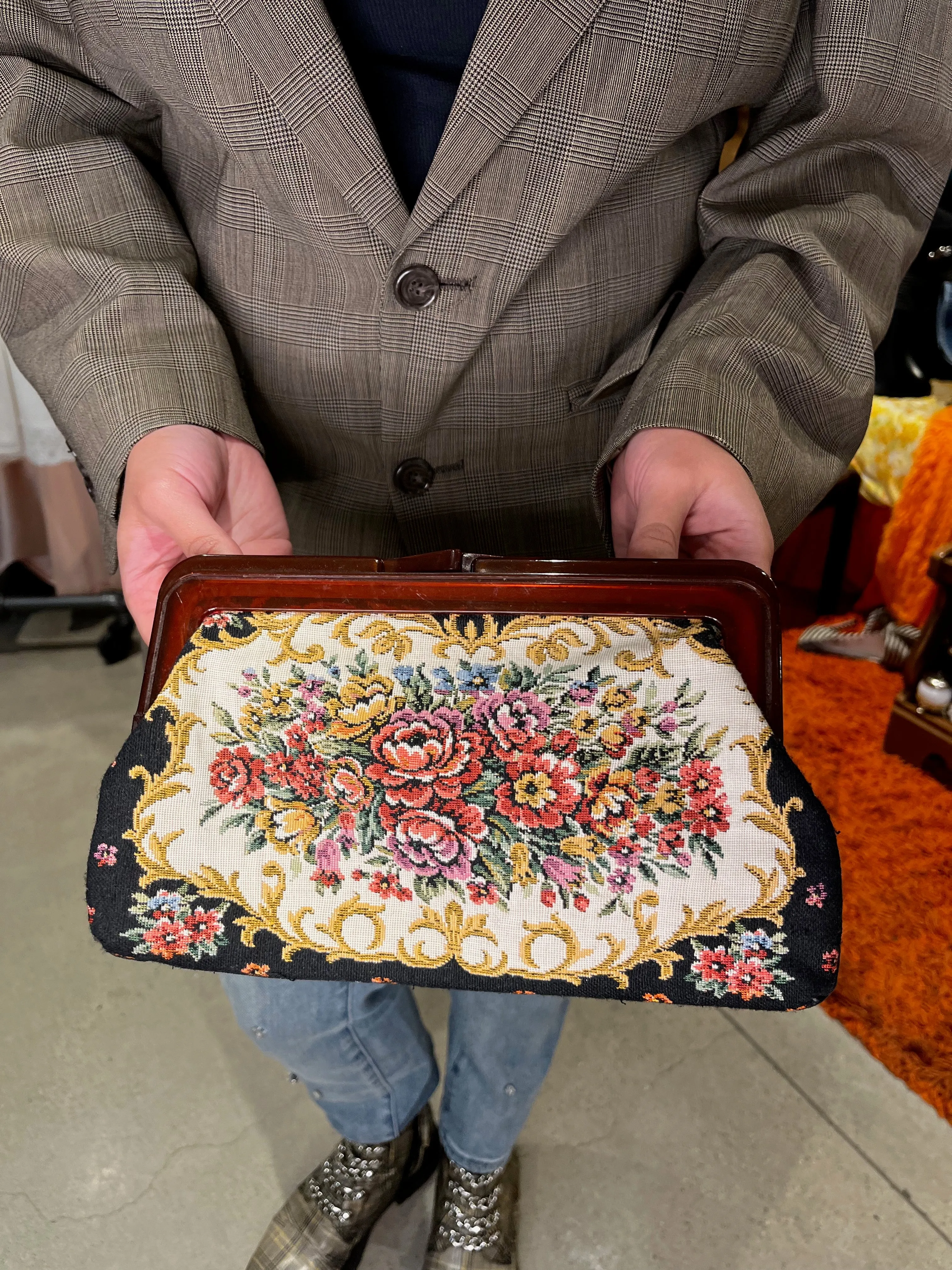 60's Black Floral Tapestry Clutch