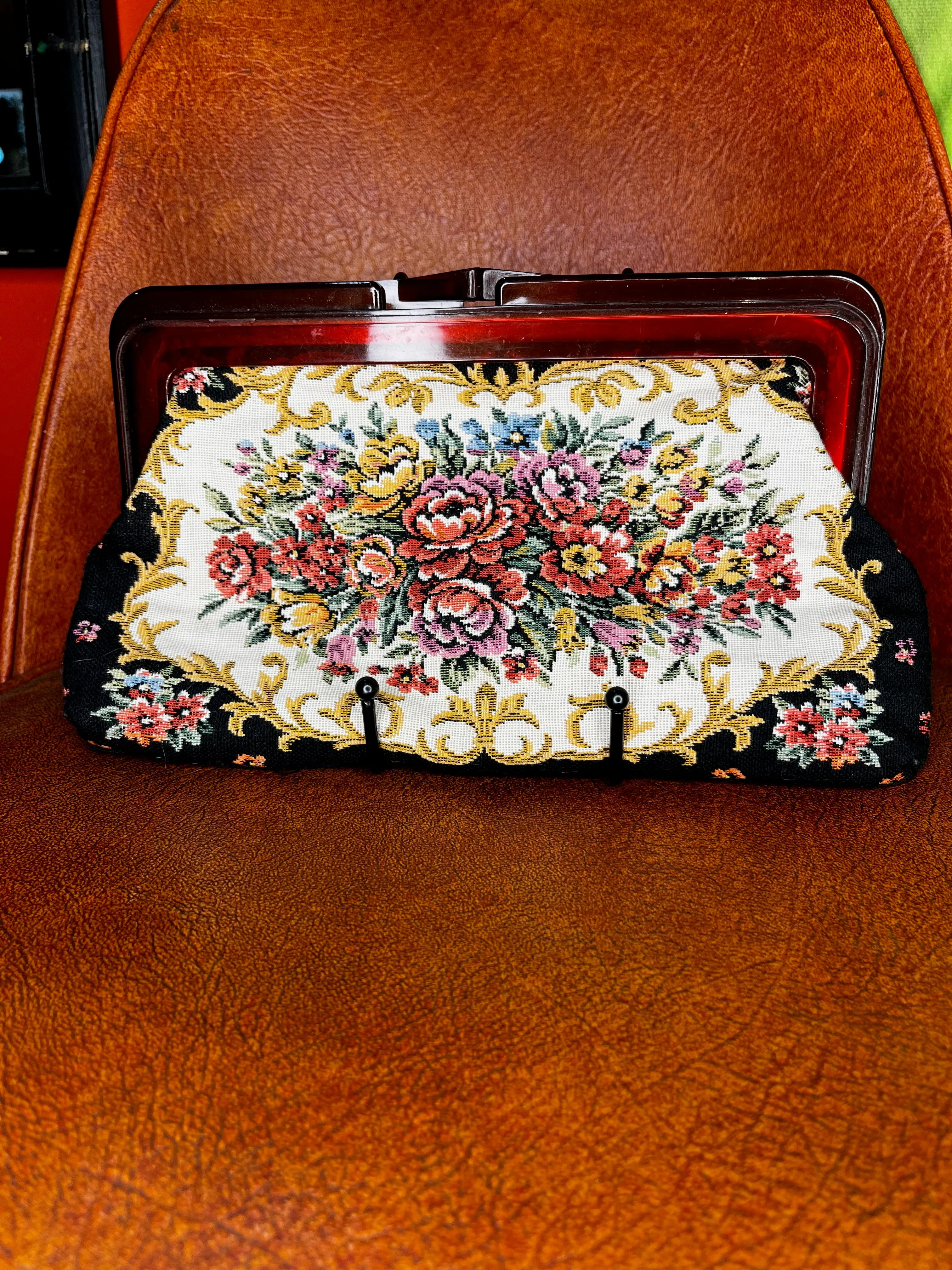 60's Black Floral Tapestry Clutch