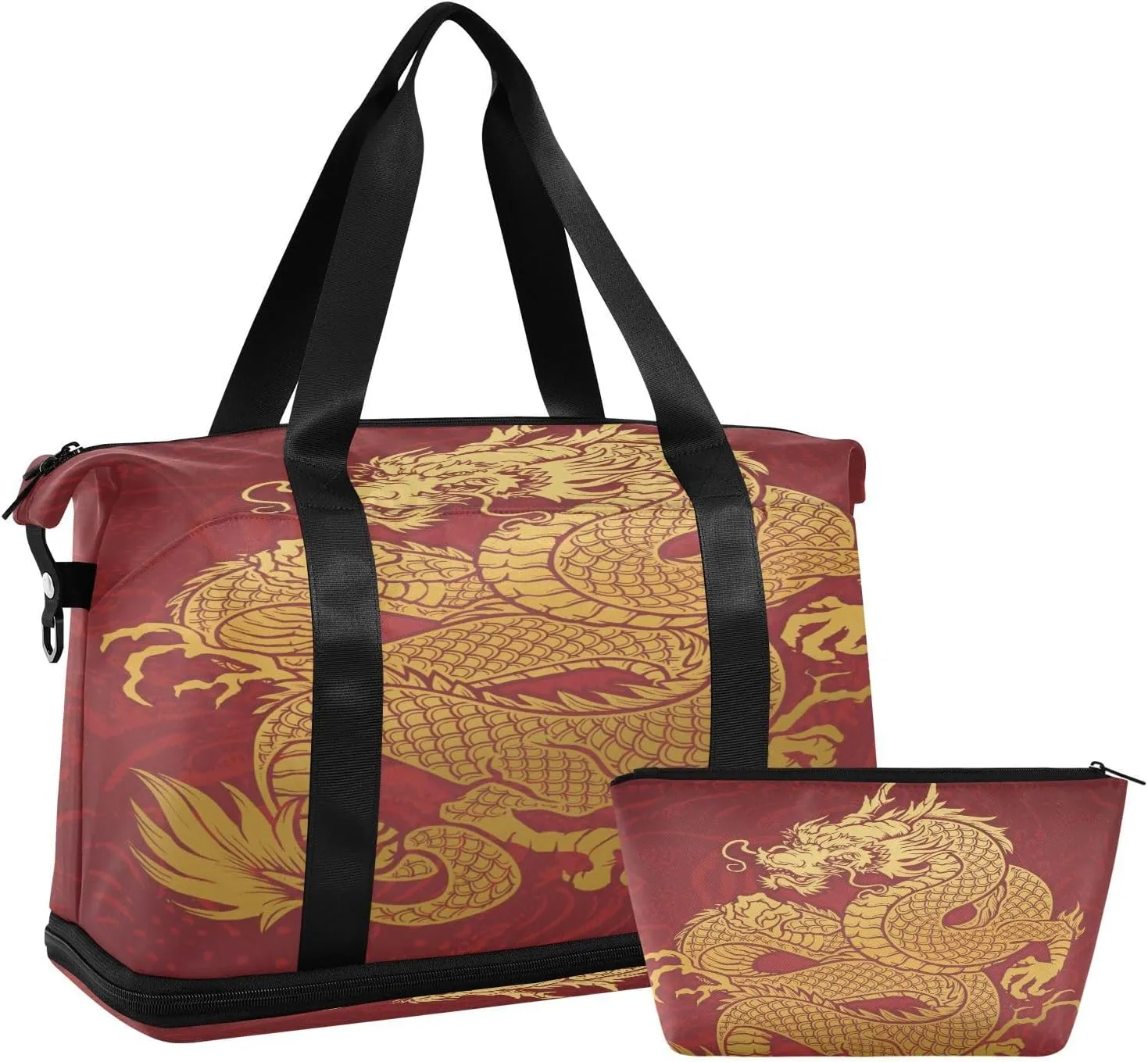 ALAZA Coiled Golden Chinese Dragon Travel Duffel Bag for Women Men Sports Gym Bag with Shoe Compartment Tote Weekender Overnight Bag with Wet Pocket for Travel, Gym,Yoga,Swimming