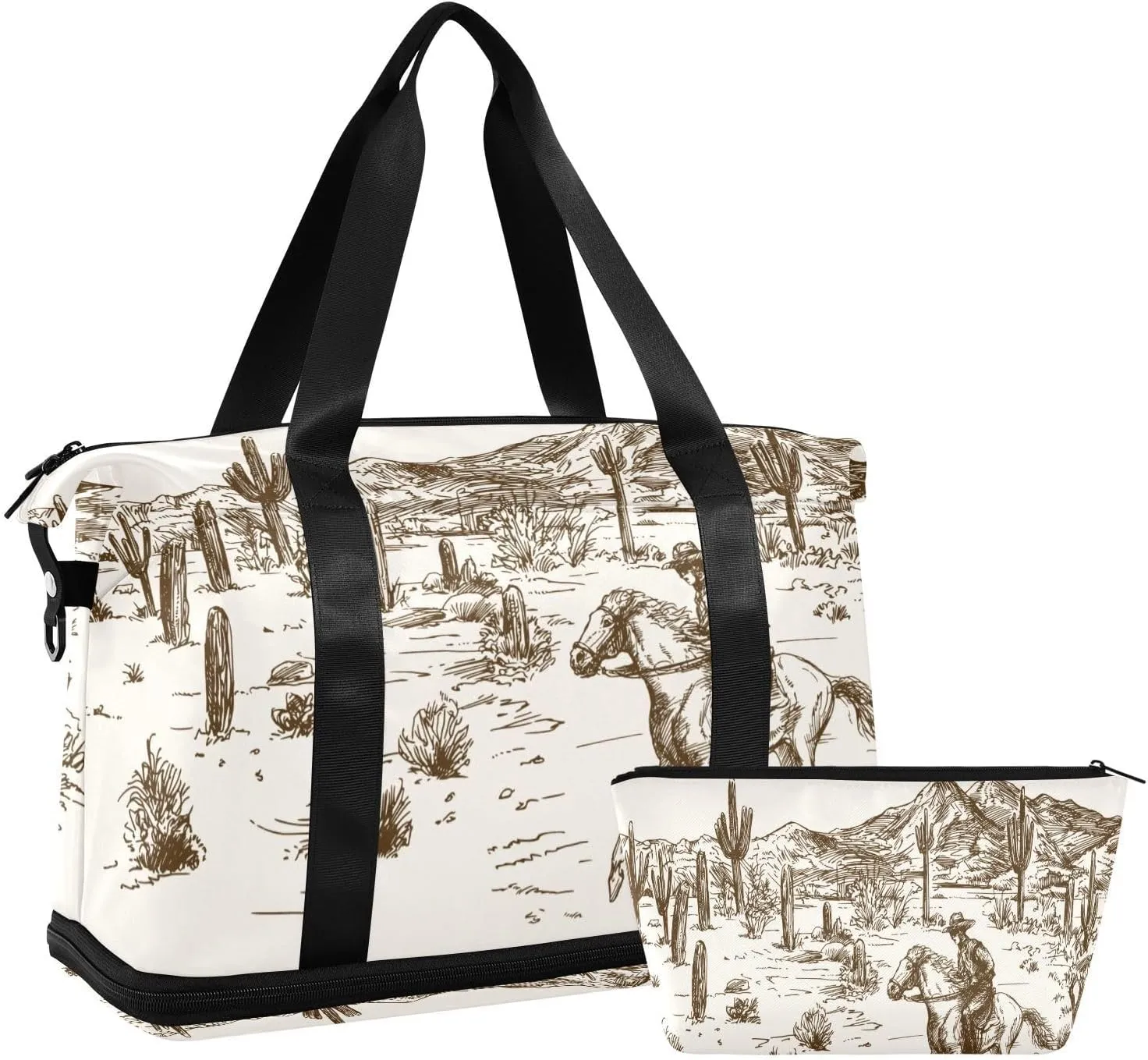 ALAZA Cowboy Desert Hand Draw Travel Duffel Bag for Women Men Sports Gym Bag with Shoe Compartment Tote Weekender Overnight Bag with Wet Pocket for Travel, Gym,Yoga,Swimming