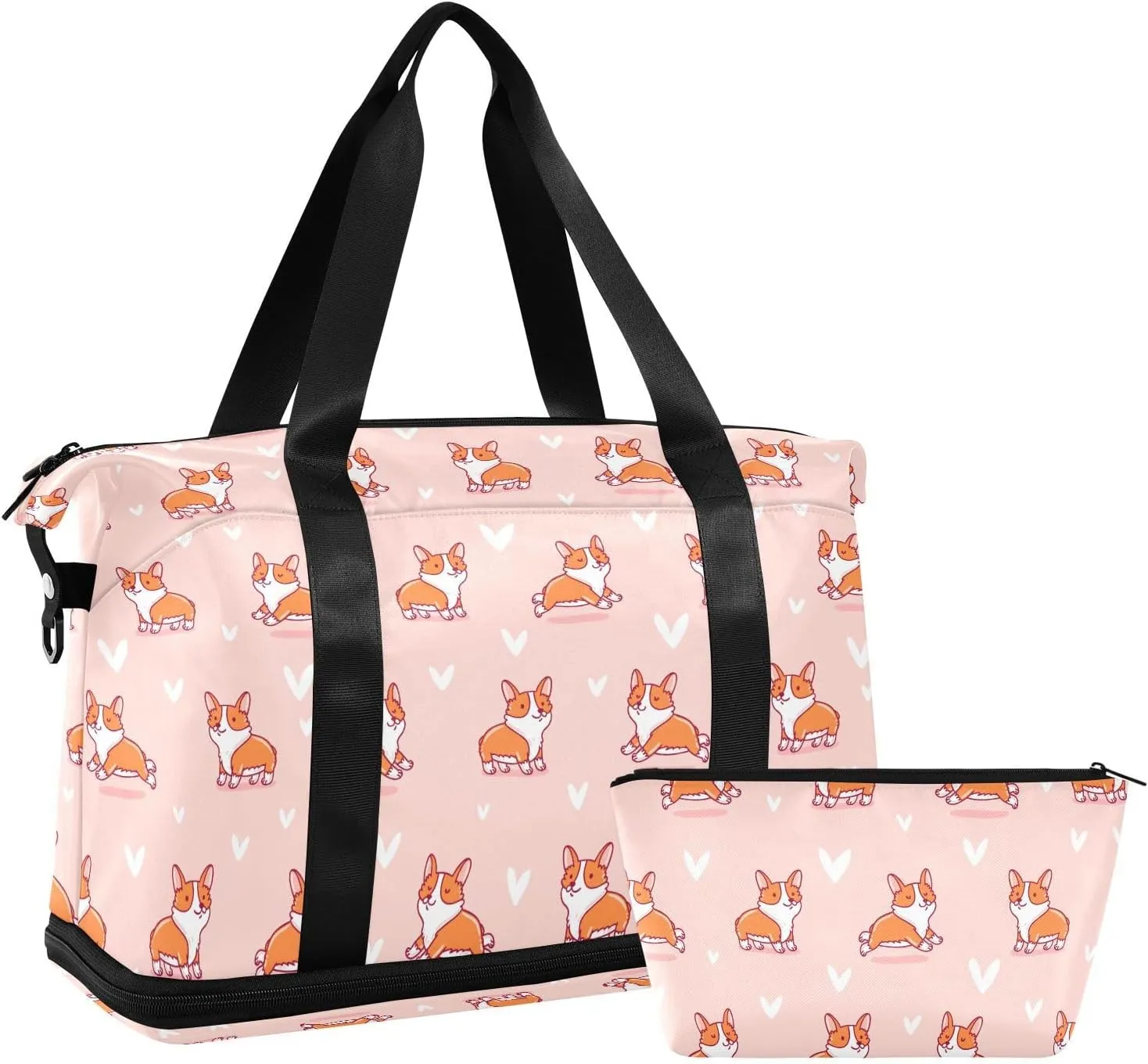 ALAZA Cute Corgi Dog Love Heart Travel Duffel Bag for Women Men Sports Gym Bag with Shoe Compartment Tote Weekender Overnight Bag with Wet Pocket for Travel, Gym,Yoga,Swimming