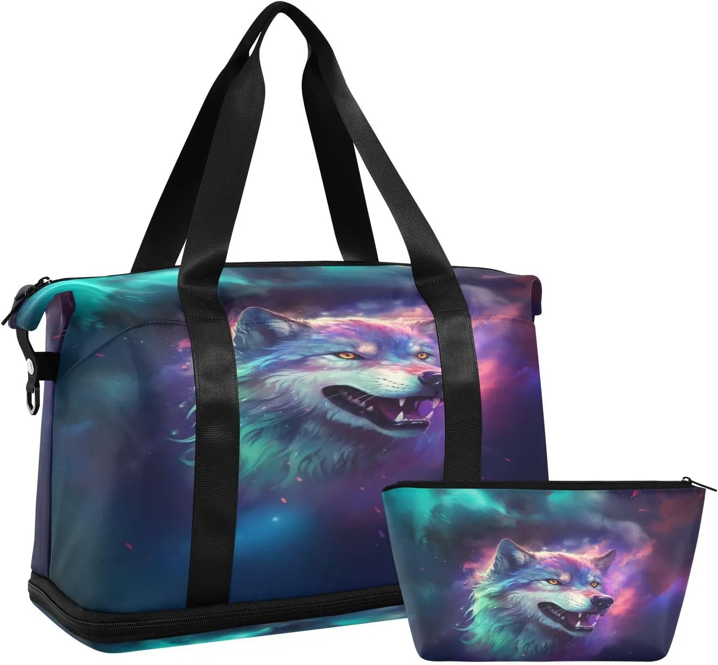 ALAZA Howling Wolf Galaxy Space Rainbow Travel Duffel Bag for Women Men Sports Gym Bag with Shoe Compartment Tote Weekender Overnight Bag with Wet Pocket for Travel, Gym,Yoga,Swimming