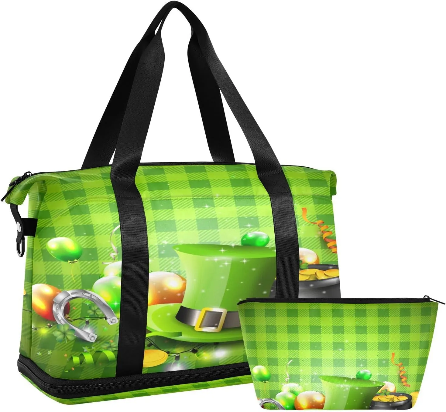 ALAZA St Patrick's Day Buffalo Plaid Travel Duffel Bag for Women Men Sports Gym Bag with Shoe Compartment Tote Weekender Overnight Bag with Wet Pocket for Travel, Gym,Yoga,Swimming