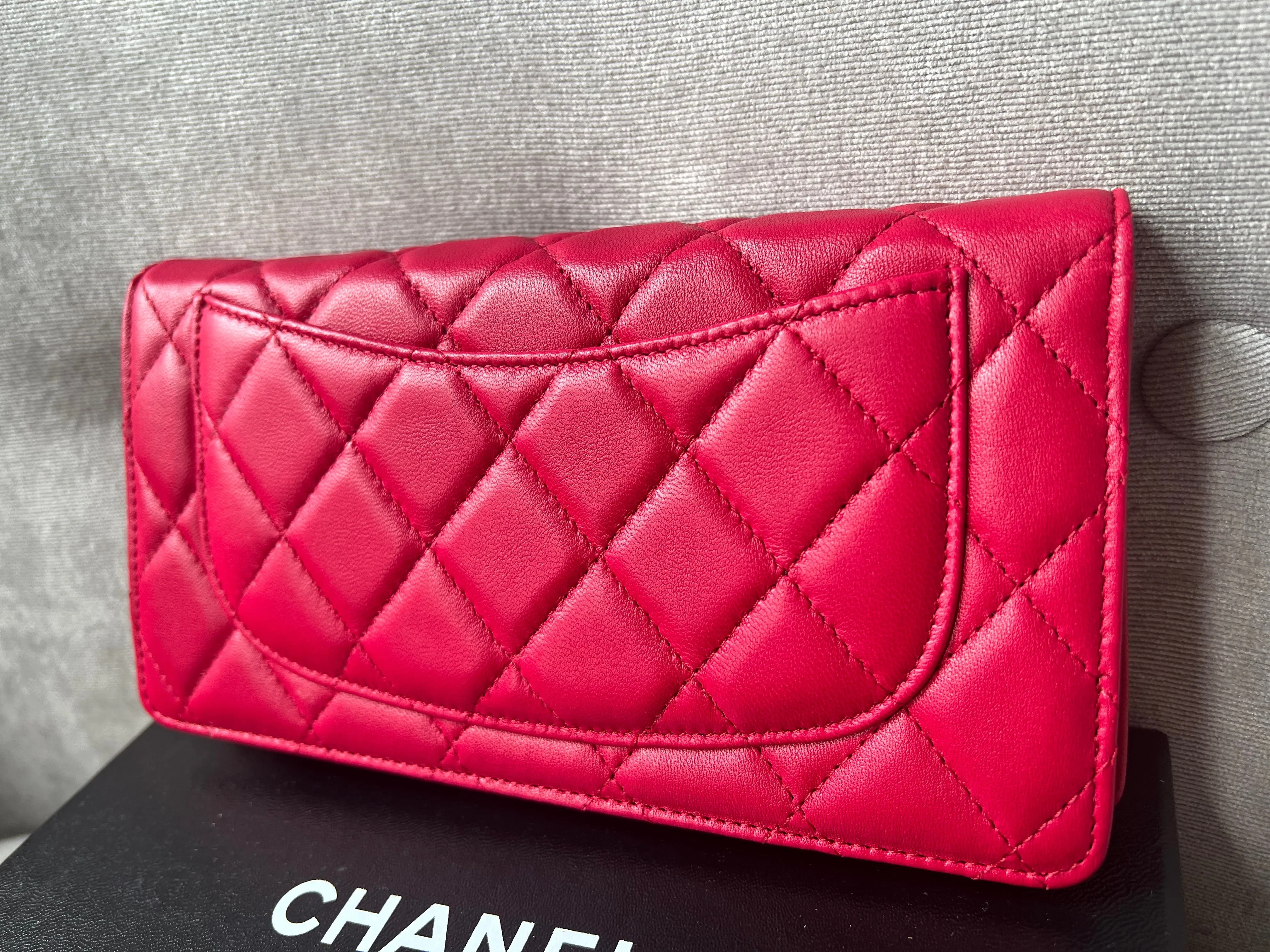 Chanel Classic Quilted Yen Bifold Wallet in Raspberry Red Lambskin and Silver Hardware