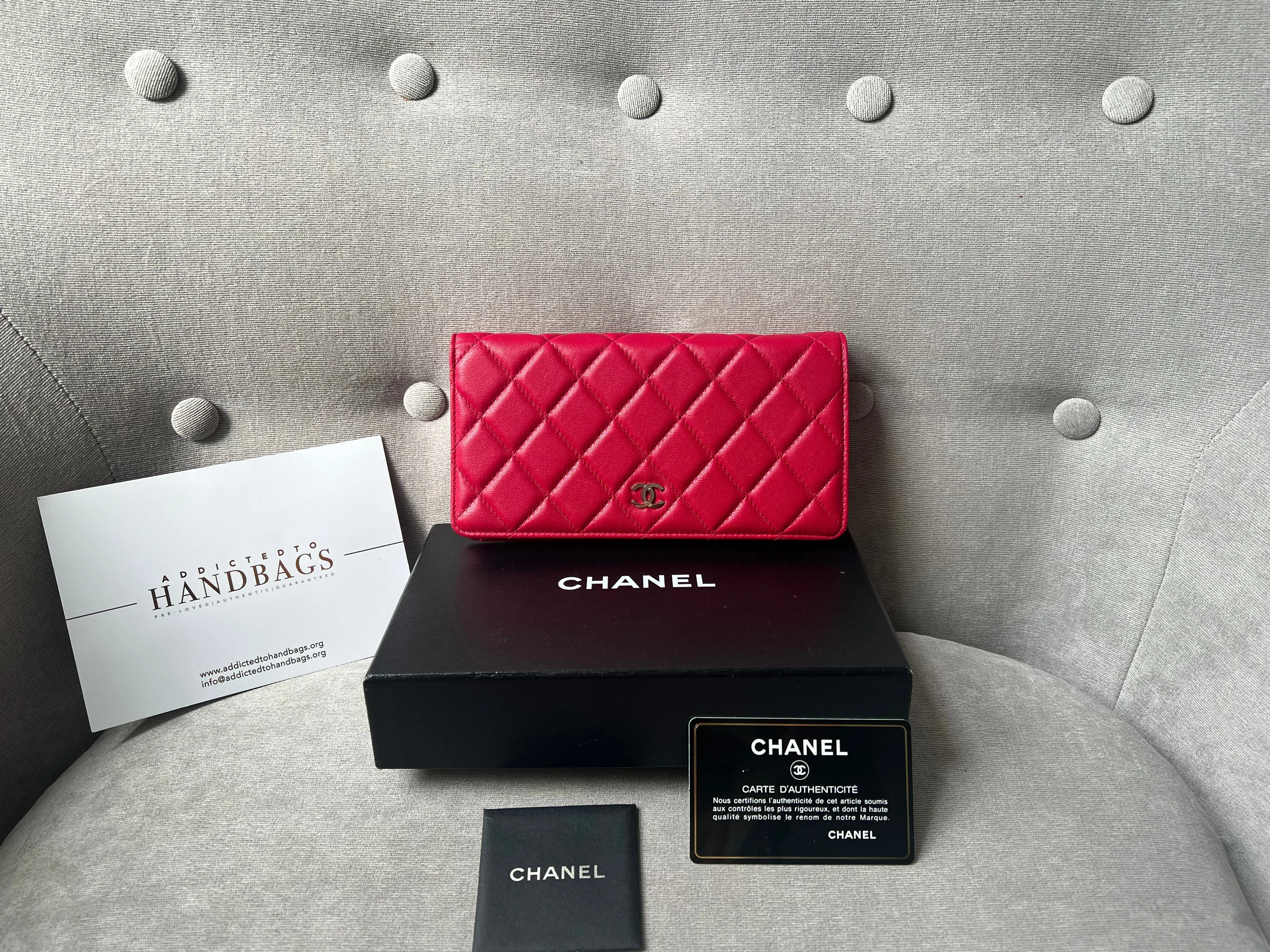 Chanel Classic Quilted Yen Bifold Wallet in Raspberry Red Lambskin and Silver Hardware