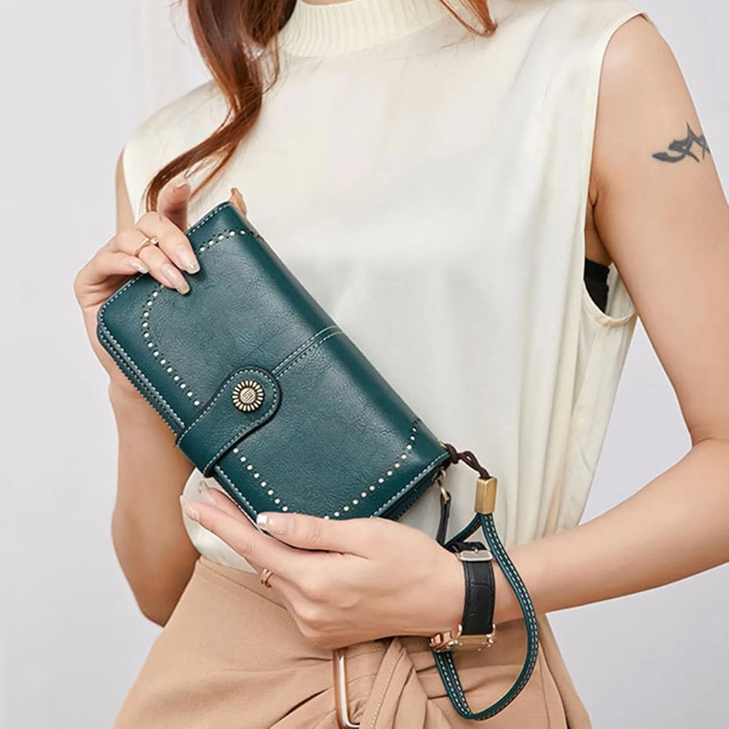 Rfid Wallet Women, Leather Wallet Wristlet, Rfid Blocking Zip Around Bifold Large Capacity Clutch Purses Credit Card Holder