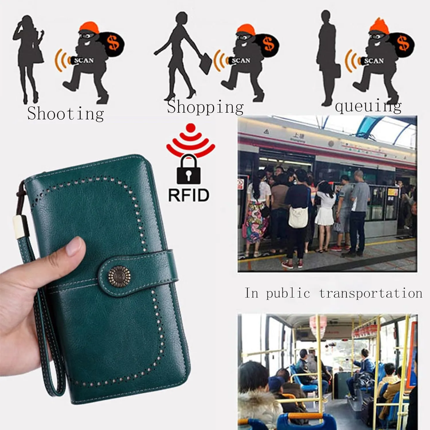 Rfid Wallet Women, Leather Wallet Wristlet, Rfid Blocking Zip Around Bifold Large Capacity Clutch Purses Credit Card Holder