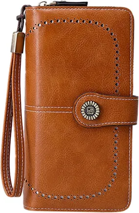 Rfid Wallet Women, Leather Wallet Wristlet, Rfid Blocking Zip Around Bifold Large Capacity Clutch Purses Credit Card Holder