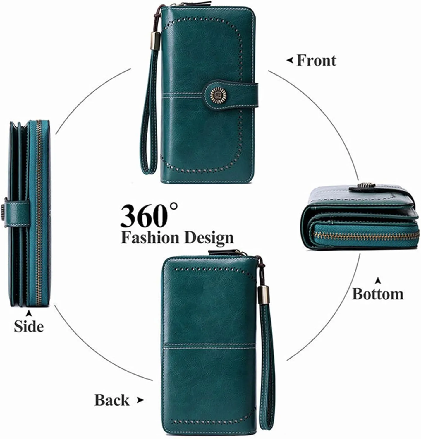 Rfid Wallet Women, Leather Wallet Wristlet, Rfid Blocking Zip Around Bifold Large Capacity Clutch Purses Credit Card Holder