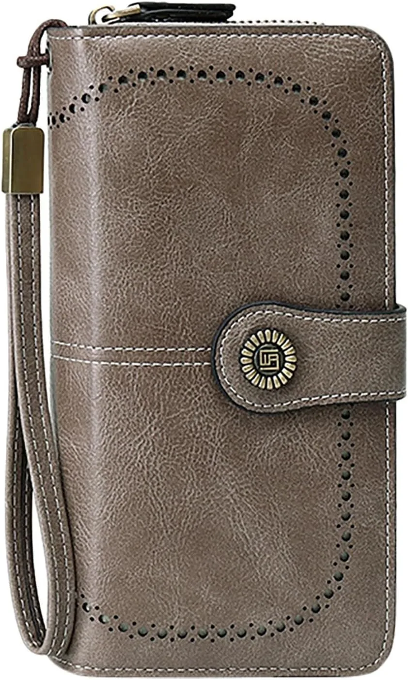 Rfid Wallet Women, Leather Wallet Wristlet, Zip Around Large Capacity Bifold Rfid Blocking Credit Card Wallet Clutch Purses