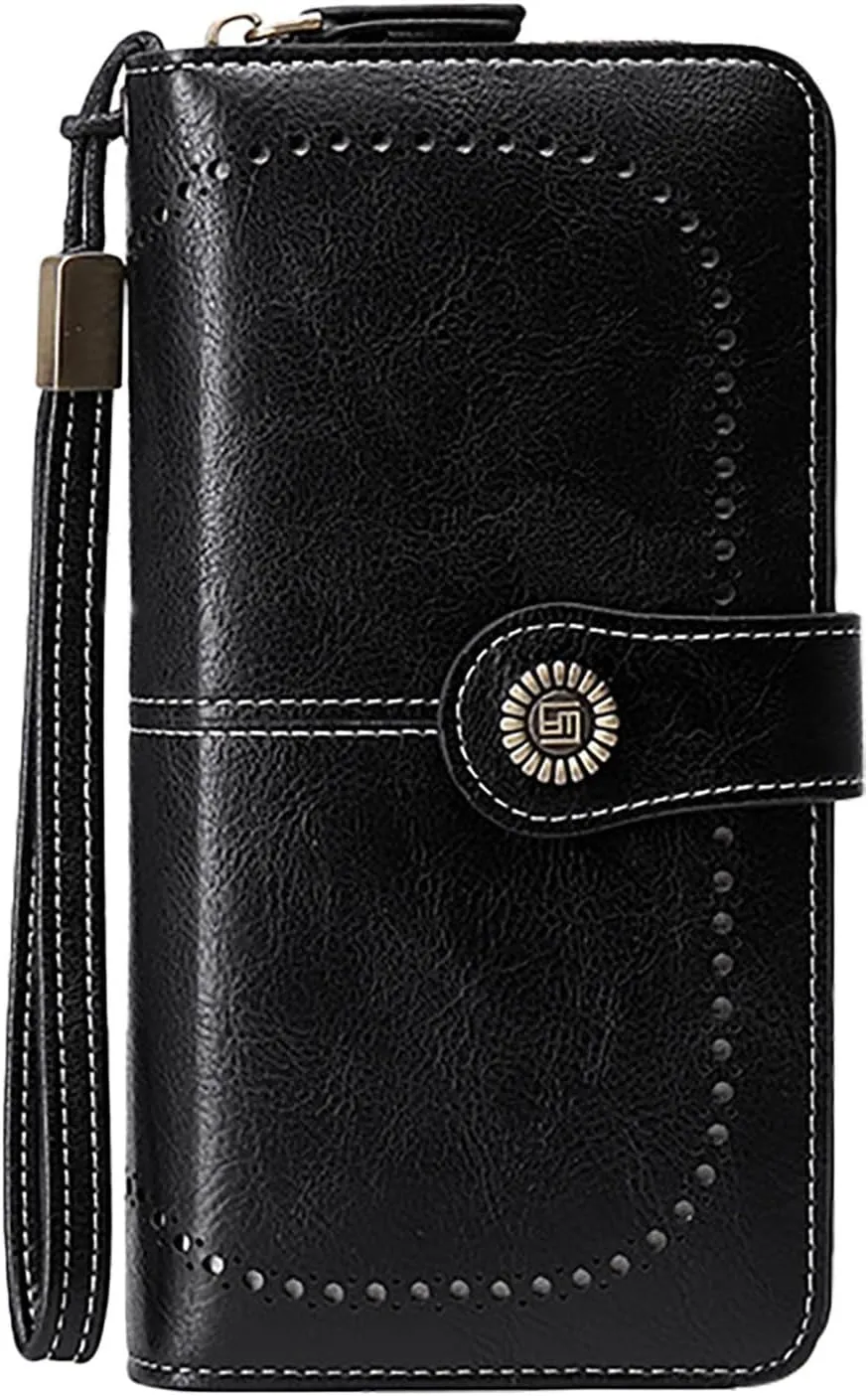 Rfid Wallet Women, Leather Wristlet Wallets, Zip Around Large Capacity Bifold Rfid Blocking Clutch Purses Credit Card Holder