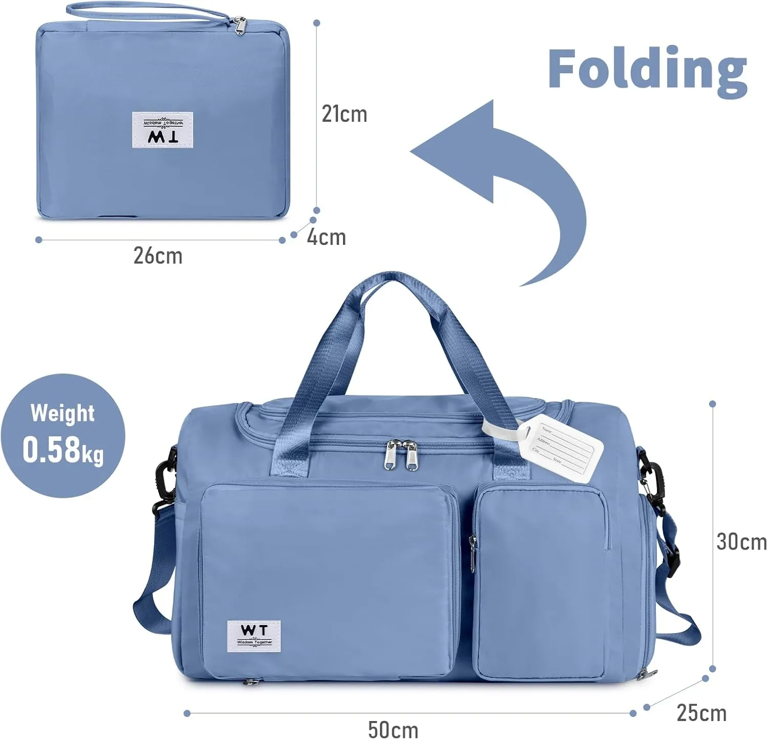 WT Foldable Travel Bag with Shoe Compartment, Sports Gym Bag for Women and Men, Large Travel Bag Sports Bag for Travel, Fitness, Training, Swimming, Weekend, blue, Foldable Travel Duffel Bag